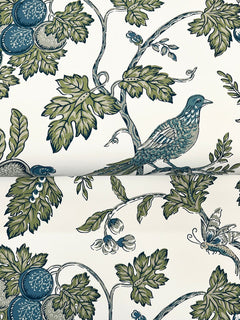 The Parterre Jacobean Wallpaper by York Wallcoverings features a detailed, vintage-inspired pattern of leafy branches, blue-green birds, fruits, and butterflies set against a white background.