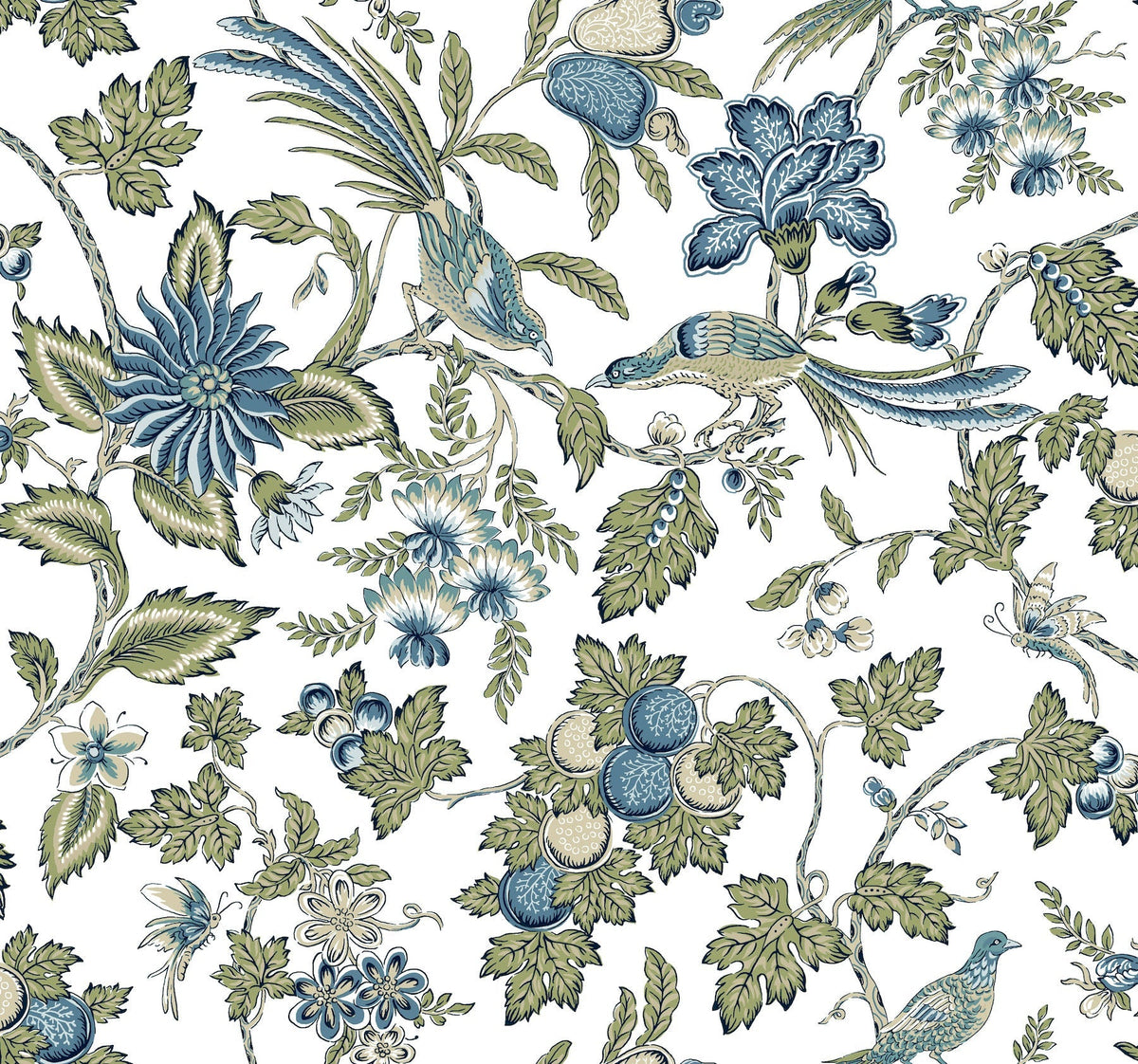 The Parterre Jacobean Wallpaper by York Wallcoverings features an intricate floral and bird pattern in shades of blue, green, and beige on a white background. The design includes flowers, leaves, birds, and clusters of fruit for a vintage, decorative look.