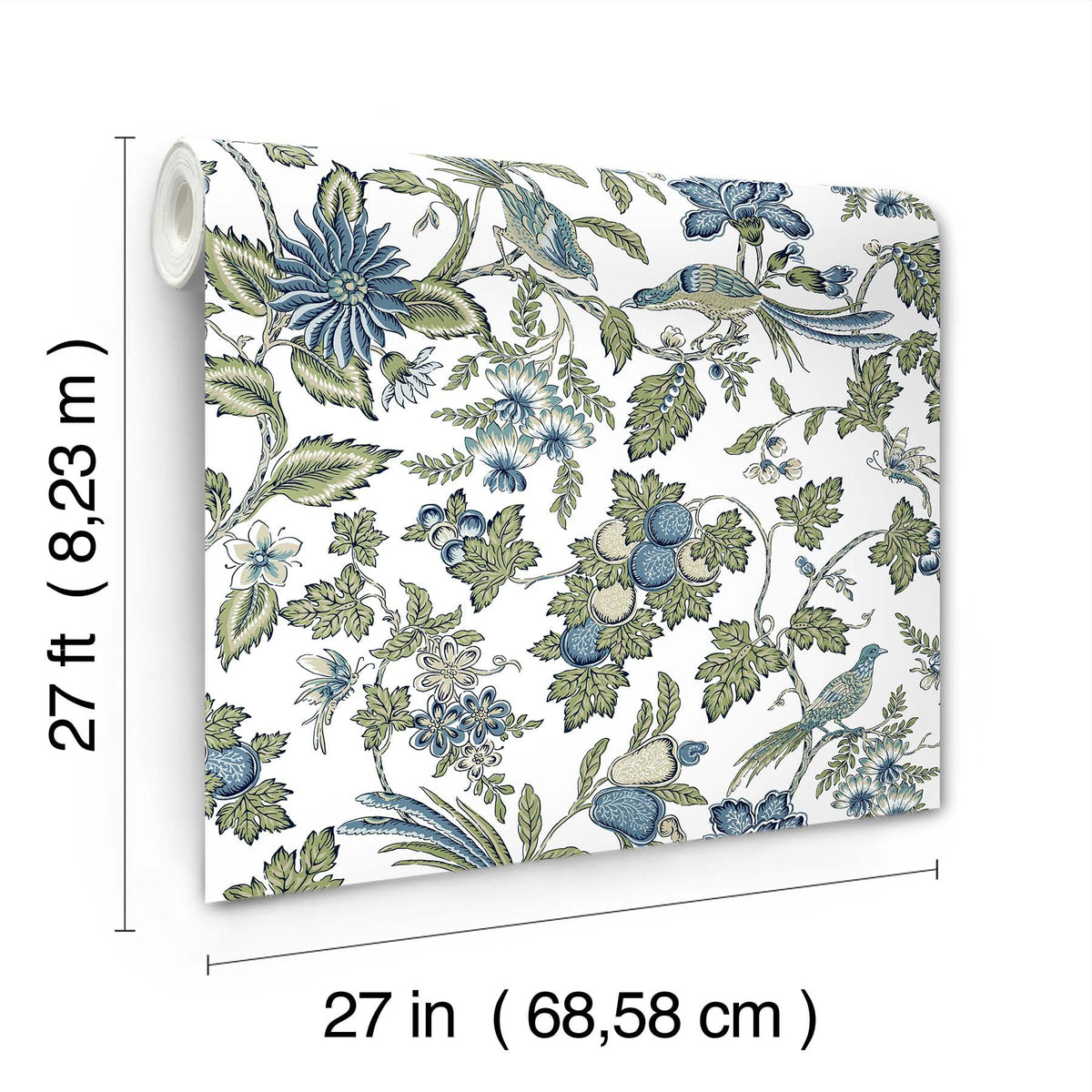 Parterre Jacobean Wallpaper by York Wallcoverings features a floral design with green and blue leaves, flowers, and birds. Each roll measures 27 feet (8.23 m) in length and 27 inches (68.58 cm) in width.