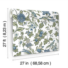 Parterre Jacobean Wallpaper by York Wallcoverings features a floral design with green and blue leaves, flowers, and birds. Each roll measures 27 feet (8.23 m) in length and 27 inches (68.58 cm) in width.