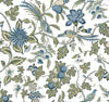 Introducing the Parterre Jacobean Wallpaper by York Wallcoverings, featuring a detailed botanical pattern with blue and green birds, flowers, fruits, and leafy vines on a white background. This design showcases large blossoms and intricate foliage for a vintage, elegant, and nature-inspired look.