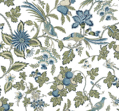 Introducing the Parterre Jacobean Wallpaper by York Wallcoverings, featuring a detailed botanical pattern with blue and green birds, flowers, fruits, and leafy vines on a white background. This design showcases large blossoms and intricate foliage for a vintage, elegant, and nature-inspired look.