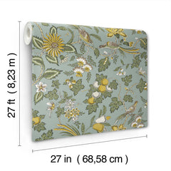 Parterre Jacobean Wallpaper by York Wallcoverings features a floral pattern with birds and fruit on a green background. Each roll measures 27 feet (8.23 meters) long and 27 inches (68.58 centimeters) wide.
