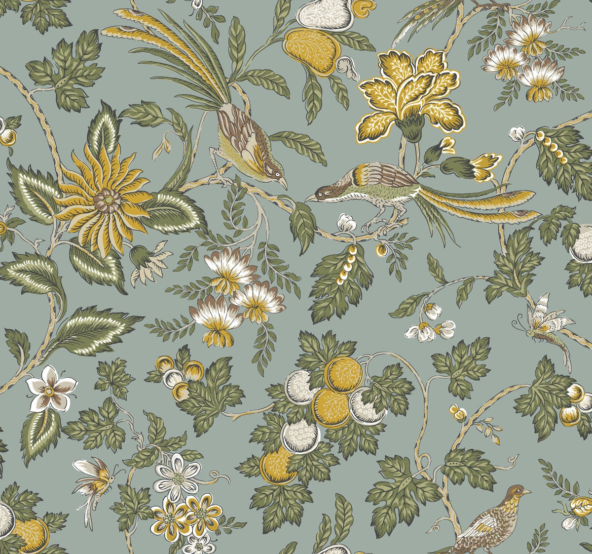 Parterre Jacobean Wallpaper by York Wallcoverings features an ornate, symmetrical pattern of yellow and white birds perched amid stylized green and gold flowers, leaves, and fruits on a muted blue-gray background, evoking a vintage botanical style.