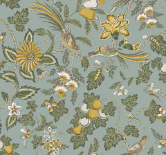 Parterre Jacobean Wallpaper by York Wallcoverings features an ornate, symmetrical pattern of yellow and white birds perched amid stylized green and gold flowers, leaves, and fruits on a muted blue-gray background, evoking a vintage botanical style.