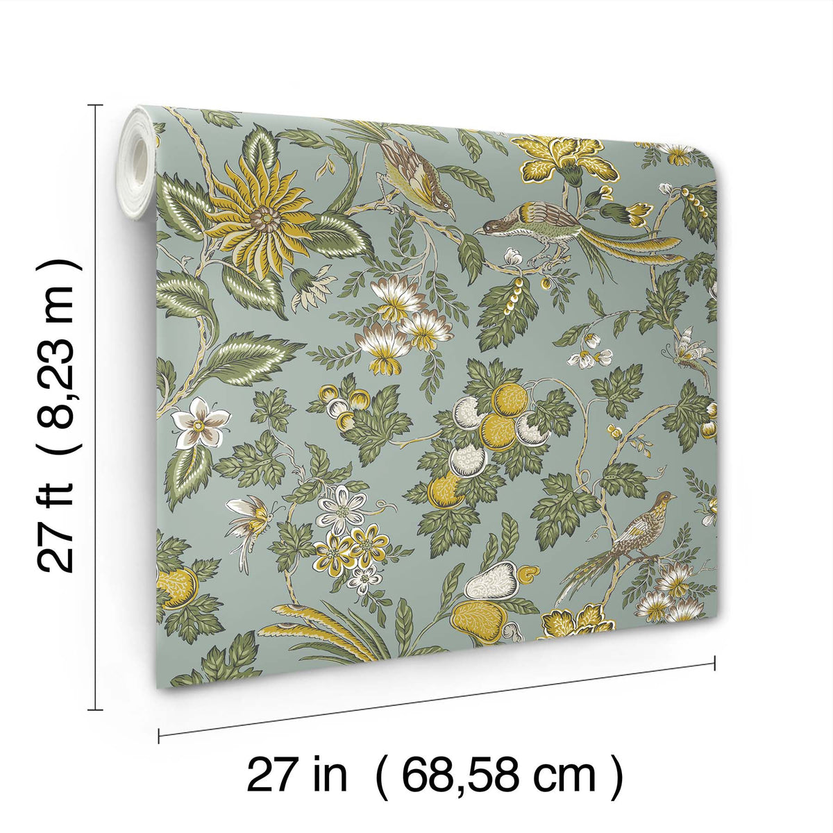 A roll of Parterre Jacobean Wallpaper by York Wallcoverings, featuring a floral and bird pattern, measures 27 feet (8.23 m) long and 27 inches (68.58 cm) wide.