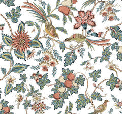 The Parterre Jacobean Wallpaper by York Wallcoverings features an intricate design of floral and fruit motifs with birds perched on branches, surrounded by detailed leaves, flowers, and fruit in muted red, blue, and green tones set against a white background.