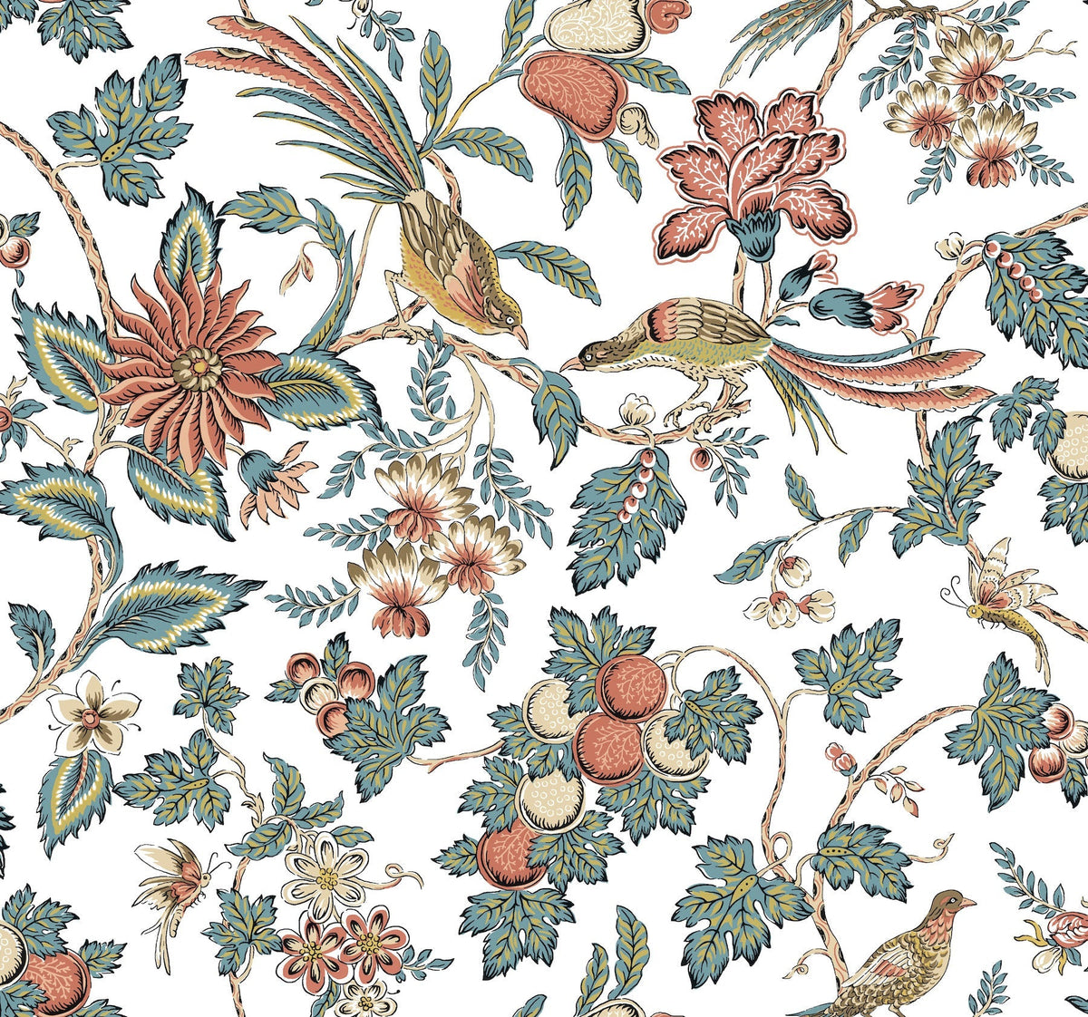 Introducing the Parterre Jacobean Wallpaper by York Wallcoverings, featuring a vintage decorative style with intricately arranged colorful flowers, leaves, fruits, and birds perched on branches against a crisp white background.