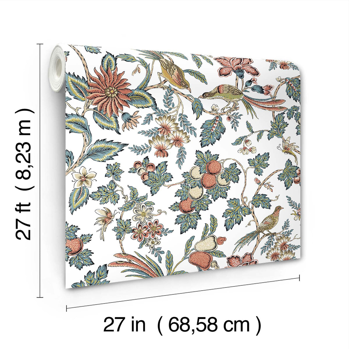 A roll of Parterre Jacobean Wallpaper by York Wallcoverings, featuring a floral and bird pattern, measuring 27 feet (8.23 m) in length and 27 inches (68.58 cm) in width, is displayed against a white background.