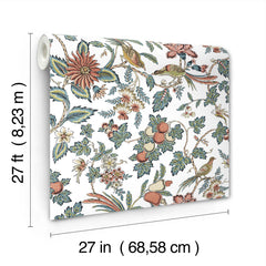 A roll of Parterre Jacobean Wallpaper by York Wallcoverings, featuring a floral and bird pattern, measuring 27 feet (8.23 m) in length and 27 inches (68.58 cm) in width, is displayed against a white background.