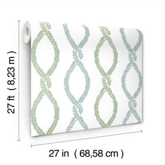 Laureate Vine Trellis Wallpaper by York Wallcoverings features green and blue leafy vine patterns on a white background. Each roll measures 27 feet (8.23 m) in length and 27 inches (68.58 cm) in width.