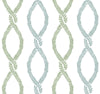 Certainly! Here’s a rewritten sentence using the product data: The Laureate Vine Trellis Wallpaper by York Wallcoverings showcases a seamless pattern of intertwined leaf garlands in alternating green and blue hues, creating vertical, overlapping oval shapes against a crisp white background.
