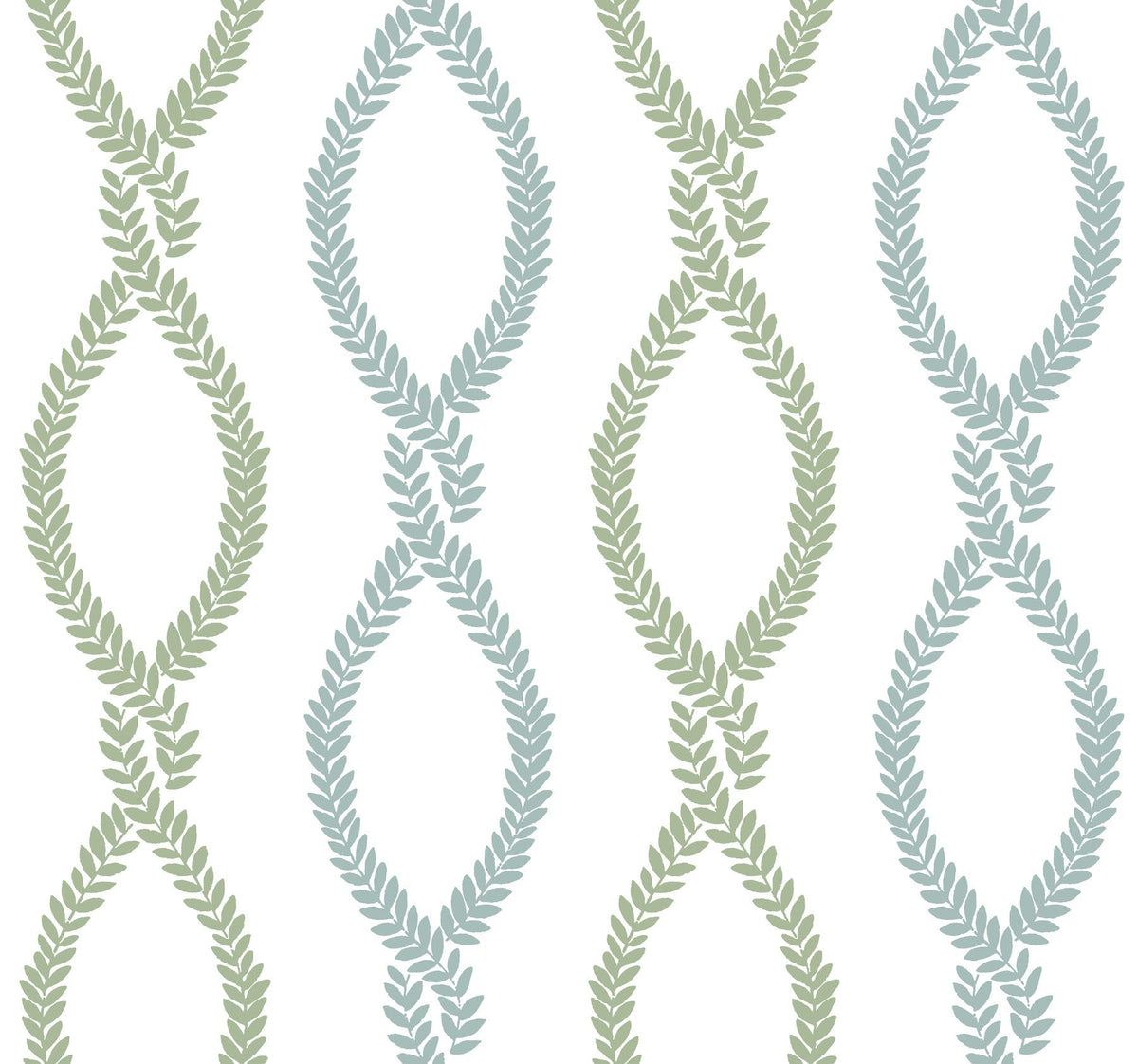 Certainly! Here’s a rewritten sentence using the product data: The Laureate Vine Trellis Wallpaper by York Wallcoverings showcases a seamless pattern of intertwined leaf garlands in alternating green and blue hues, creating vertical, overlapping oval shapes against a crisp white background.