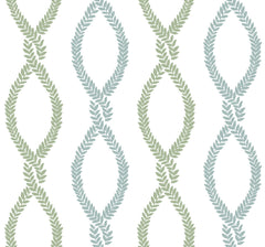 Certainly! Here’s a rewritten sentence using the product data: The Laureate Vine Trellis Wallpaper by York Wallcoverings showcases a seamless pattern of intertwined leaf garlands in alternating green and blue hues, creating vertical, overlapping oval shapes against a crisp white background.