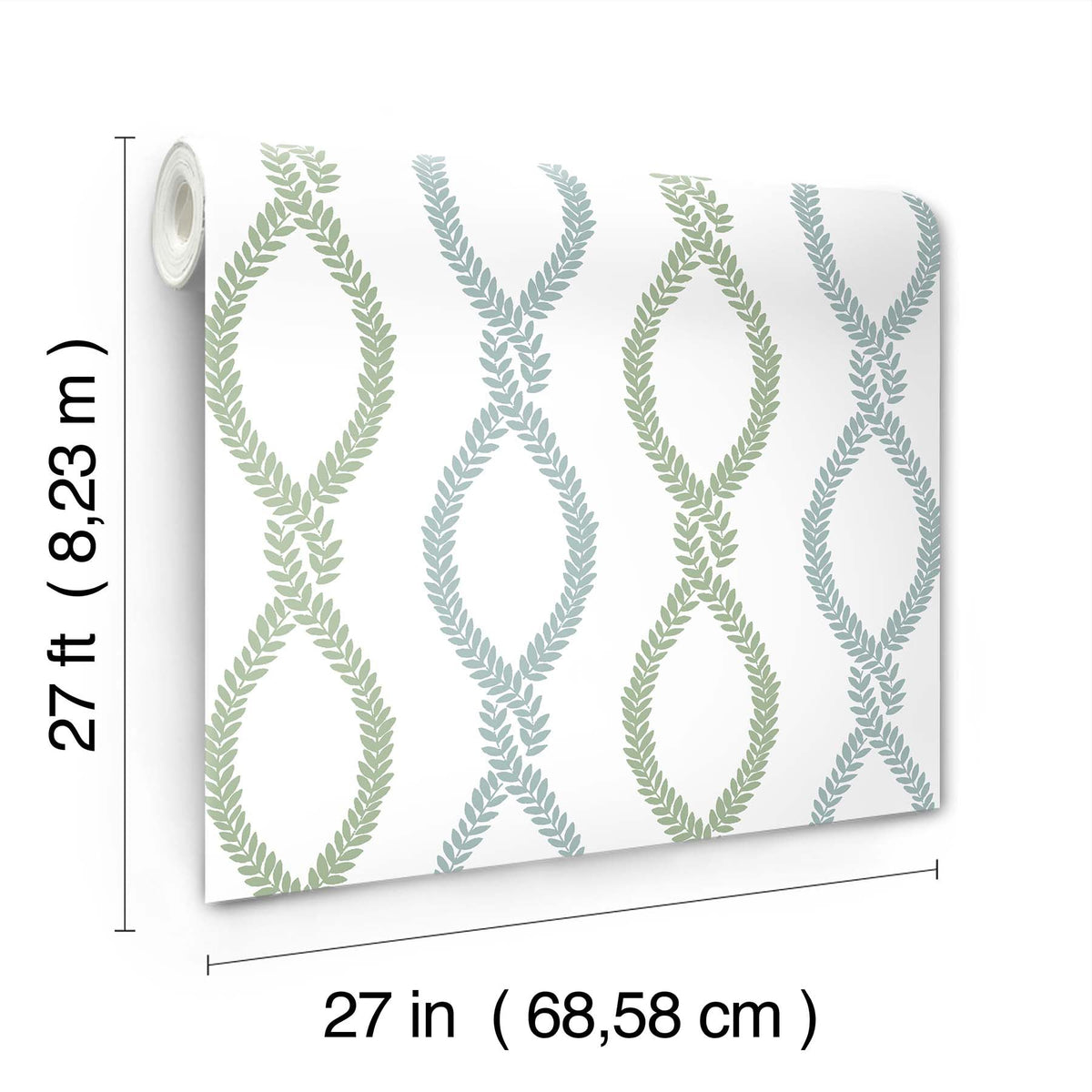 Laureate Vine Trellis Wallpaper by York Wallcoverings features a leafy, vine-like pattern in green and blue vertical stripes. Each roll measures 27 feet (8.23 m) long and 27 inches (68.58 cm) wide.
