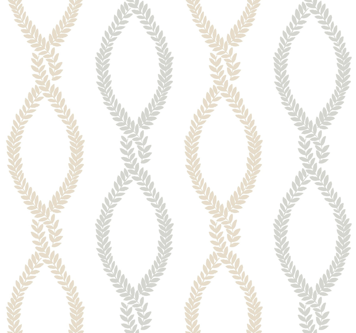 Experience the elegant Laureate Vine Trellis Wallpaper by York Wallcoverings, featuring a seamless vertical pattern of beige and gray leaf garlands intertwined in twisting forms on a crisp white background.
