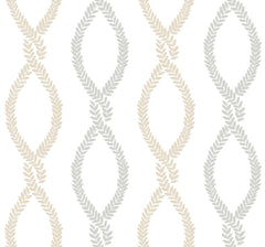 Experience the elegant Laureate Vine Trellis Wallpaper by York Wallcoverings, featuring a seamless vertical pattern of beige and gray leaf garlands intertwined in twisting forms on a crisp white background.