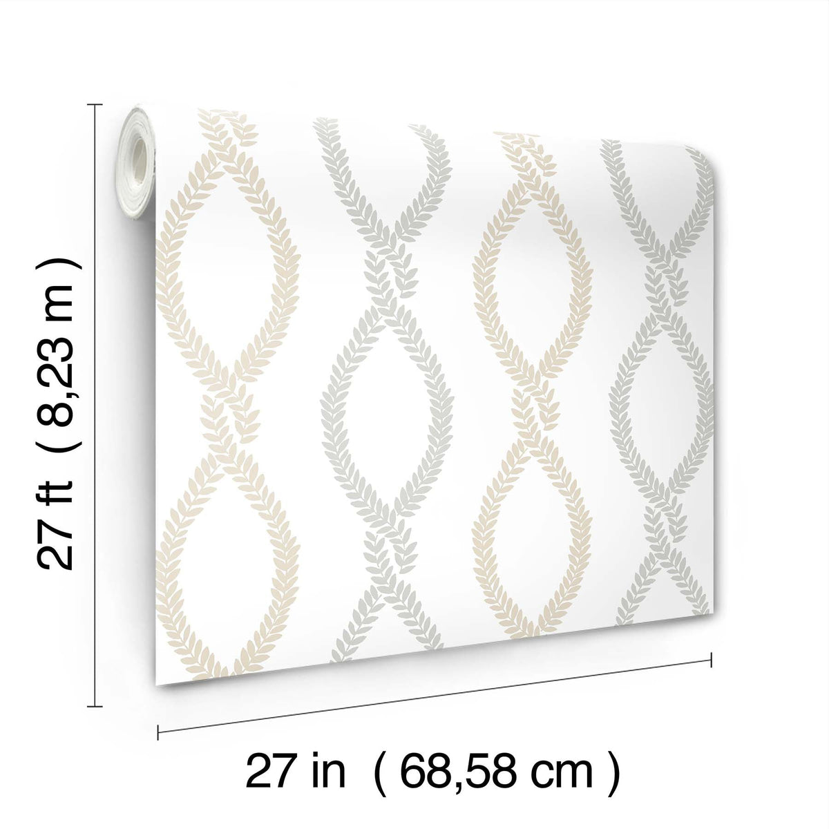 The Laureate Vine Trellis Wallpaper by York Wallcoverings features a beige and gray leaf-patterned design. Each roll measures 27 feet (8.23 m) in length and 27 inches (68.58 cm) in width.