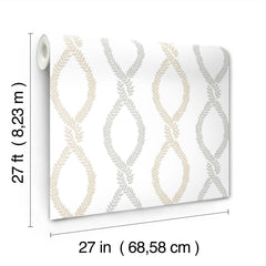 The Laureate Vine Trellis Wallpaper by York Wallcoverings features a beige and gray leaf-patterned design. Each roll measures 27 feet (8.23 m) in length and 27 inches (68.58 cm) in width.