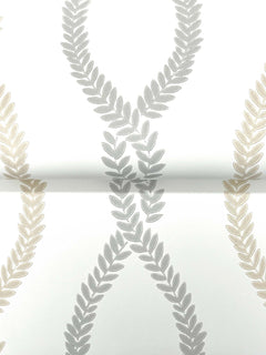 Laureate Vine Trellis Wallpaper by York Wallcoverings features repeating vertical patterns of overlapping beige and gray laurel wreaths on a white background. Its simple, symmetrical design offers both modern and classic appeal.