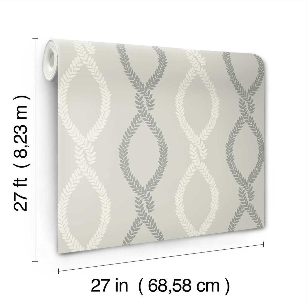 A roll of Laureate Vine Trellis Wallpaper by York Wallcoverings, featuring a gray and white leaf pattern, measuring 27 feet (8.23 m) in length and 27 inches (68.58 cm) in width.