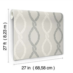 A roll of Laureate Vine Trellis Wallpaper by York Wallcoverings, featuring a gray and white leaf pattern, measuring 27 feet (8.23 m) in length and 27 inches (68.58 cm) in width.