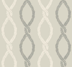 Laureate Vine Trellis Wallpaper by York Wallcoverings features a seamless pattern of interlocking leaf-shaped ovals in alternating light beige and gray on a pale background, creating a symmetrical, repeating design.