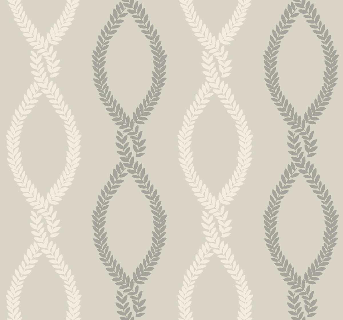 The Laureate Vine Trellis Wallpaper by York Wallcoverings features a seamless pattern of interwoven, leaf-inspired motifs in alternating light beige and gray on a pale background, creating repeating, symmetrical vertical designs.