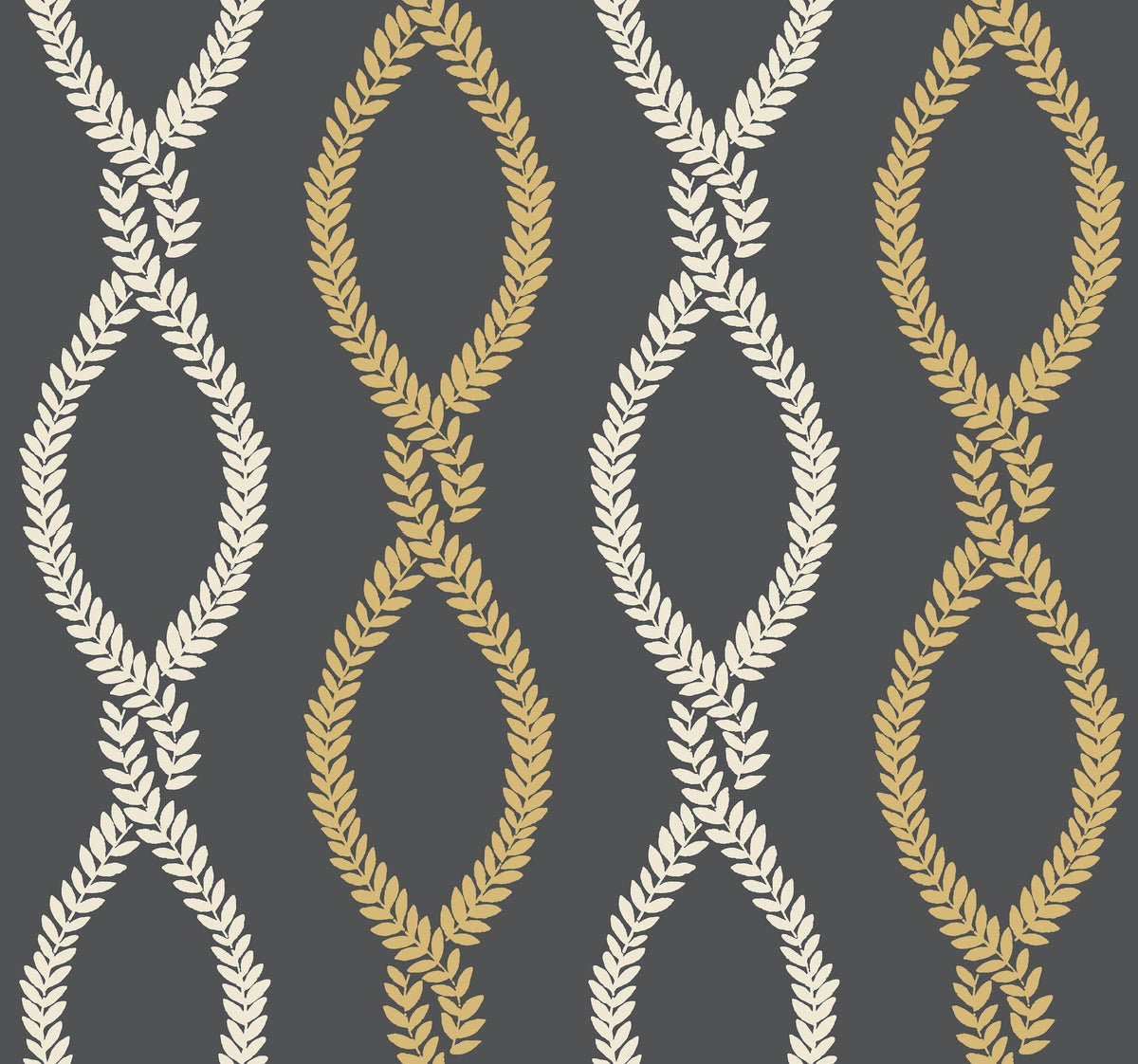 The Laureate Vine Trellis Wallpaper by York Wallcoverings features a seamless pattern of cream and gold laurel leaf chains forming twisting, vertical loops on a dark gray background.