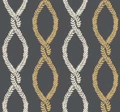 The Laureate Vine Trellis Wallpaper by York Wallcoverings features a seamless pattern of cream and gold laurel leaf chains forming twisting, vertical loops on a dark gray background.