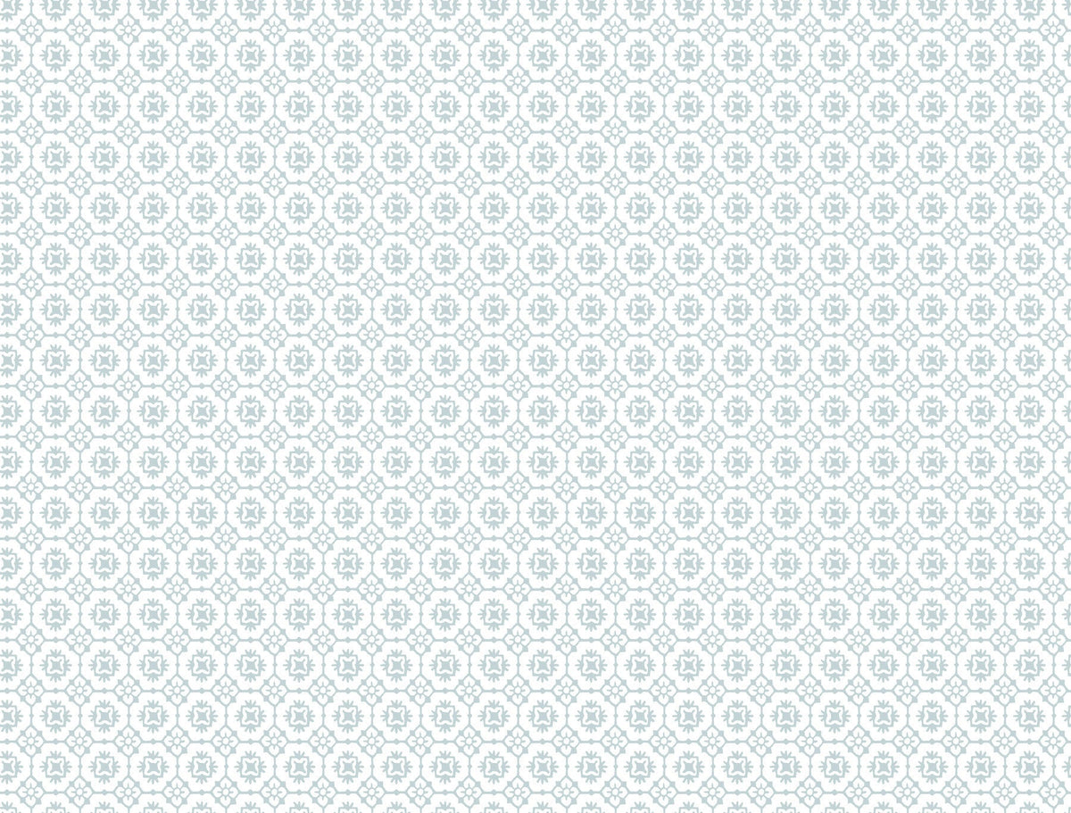 Introducing the Priti Floral Grid Wallpaper by York Wallcoverings, featuring a seamless light blue geometric pattern with repeating hexagonal shapes and floral motifs on a white background for a delicate, uniform decorative design.