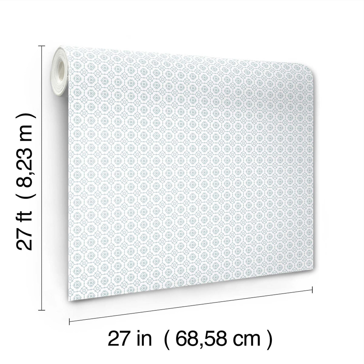 A roll of Priti Floral Grid Wallpaper by York Wallcoverings, measuring 27 feet (8.23 m) in length and 27 inches (68.58 cm) in width, is shown unrolled with its repeating geometric pattern.