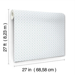 A roll of Priti Floral Grid Wallpaper by York Wallcoverings, measuring 27 feet (8.23 m) in length and 27 inches (68.58 cm) in width, is shown unrolled with its repeating geometric pattern.