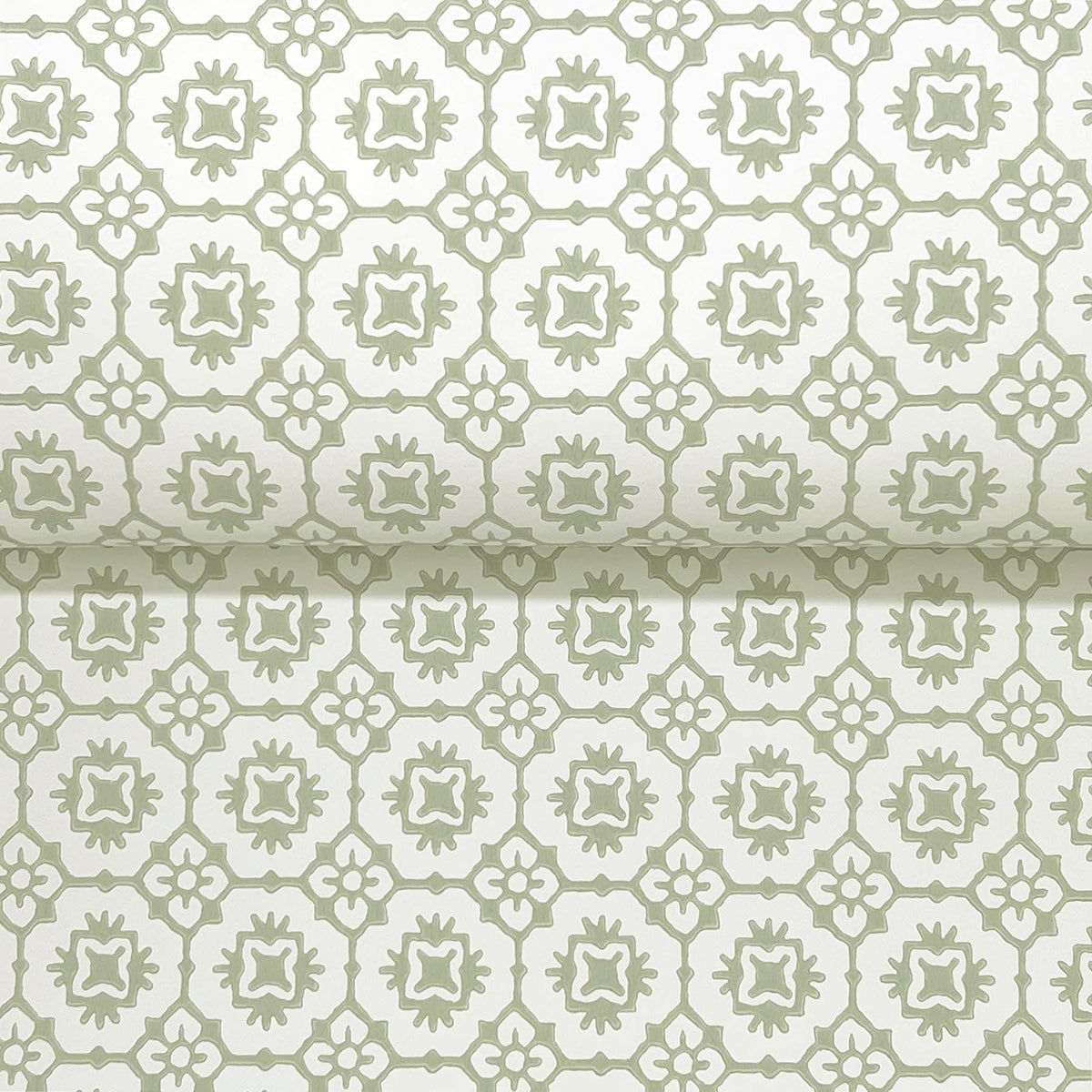 Priti Floral Grid Wallpaper by York Wallcoverings features a repeating geometric floral pattern in light green and white, with interlocking shapes and delicate flower-like motifs.