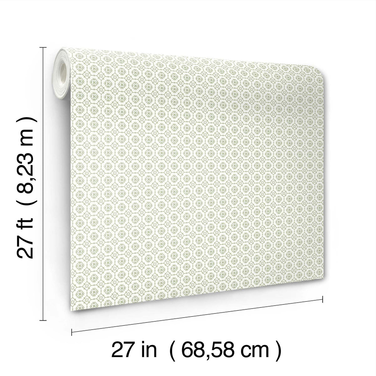 A roll of Priti Floral Grid Wallpaper by York Wallcoverings features a subtle geometric pattern and measures 27 feet (8.23 meters) in length and 27 inches (68.58 cm) in width.