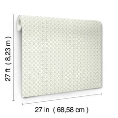 A roll of Priti Floral Grid Wallpaper by York Wallcoverings features a subtle geometric pattern and measures 27 feet (8.23 meters) in length and 27 inches (68.58 cm) in width.