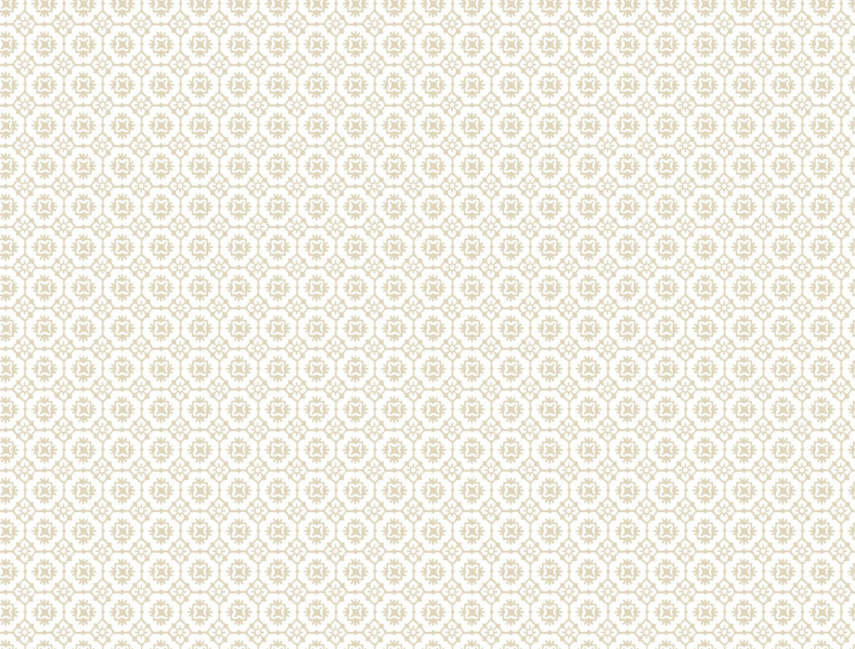 The Priti Floral Grid Wallpaper by York Wallcoverings features a seamless beige geometric floral pattern on a white background, showcasing an intricate design with hexagonal symmetry.