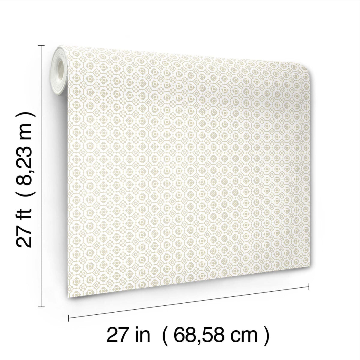 A roll of Priti Floral Grid Wallpaper by York Wallcoverings, featuring a beige geometric pattern, measures 27 feet (8.23 m) long and 27 inches (68.58 cm) wide.