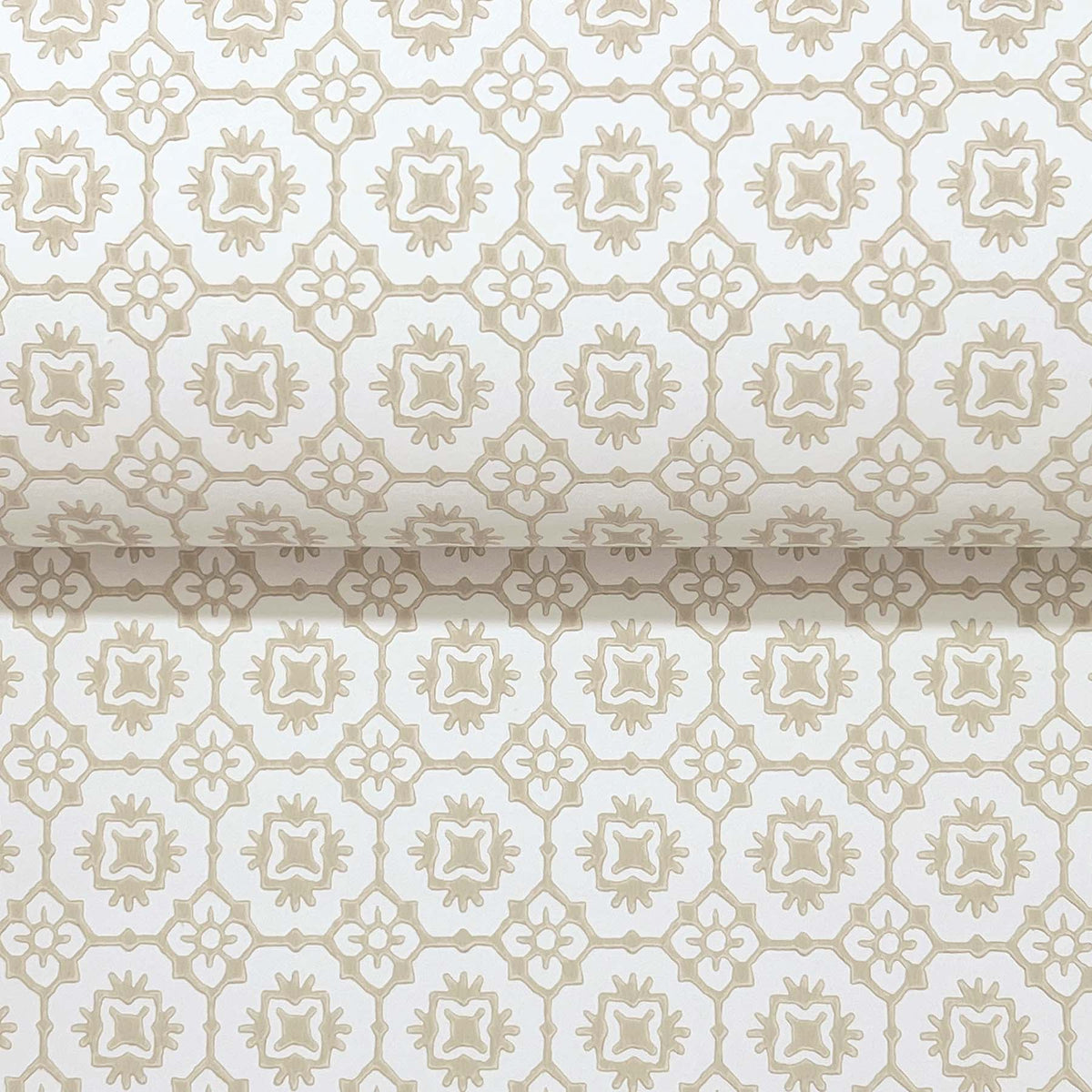 Priti Floral Grid Wallpaper by York Wallcoverings features a beige and white color palette with a repeating geometric floral pattern, seamlessly continuing over the rolled edge as shown in the image.