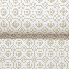 Priti Floral Grid Wallpaper by York Wallcoverings features a beige and white color palette with a repeating geometric floral pattern, seamlessly continuing over the rolled edge as shown in the image.