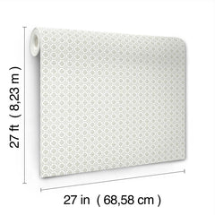The Priti Floral Grid Wallpaper by York Wallcoverings is shown, featuring a small geometric pattern. The roll measures 27 feet (8.23 m) in length and 27 inches (68.58 cm) in width.