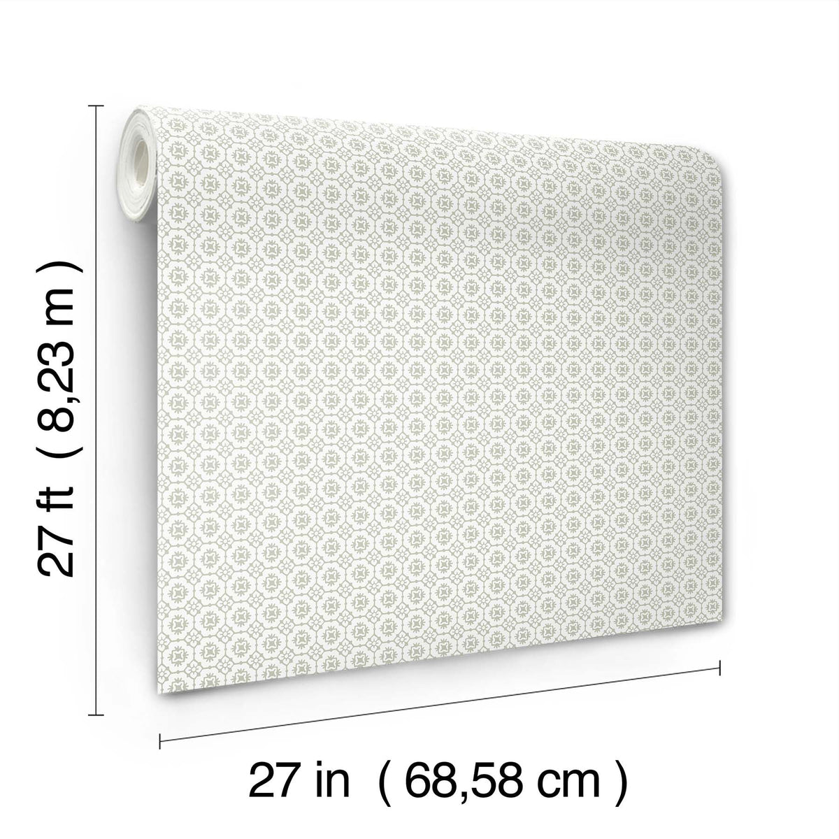 A roll of Priti Floral Grid Wallpaper by York Wallcoverings, featuring a small circular pattern, measures 27 feet (8.23 meters) in length and 27 inches (68.58 cm) in width.
