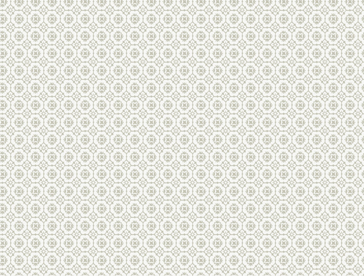 The Priti Floral Grid Wallpaper by York Wallcoverings showcases a subtle and intricate geometric pattern, featuring symmetrical hexagons and floral motifs in light gray on a crisp white background.