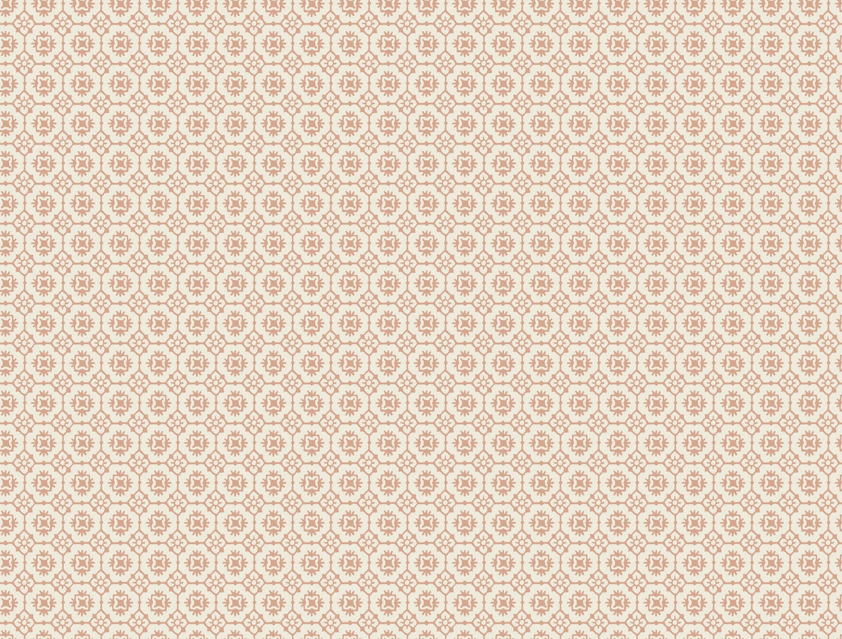 Priti Floral Grid Wallpaper by York Wallcoverings features a repeating geometric pattern of hexagons and stylized floral motifs in light tan and soft orange hues, evoking a subtle, vintage-inspired wallpaper effect.