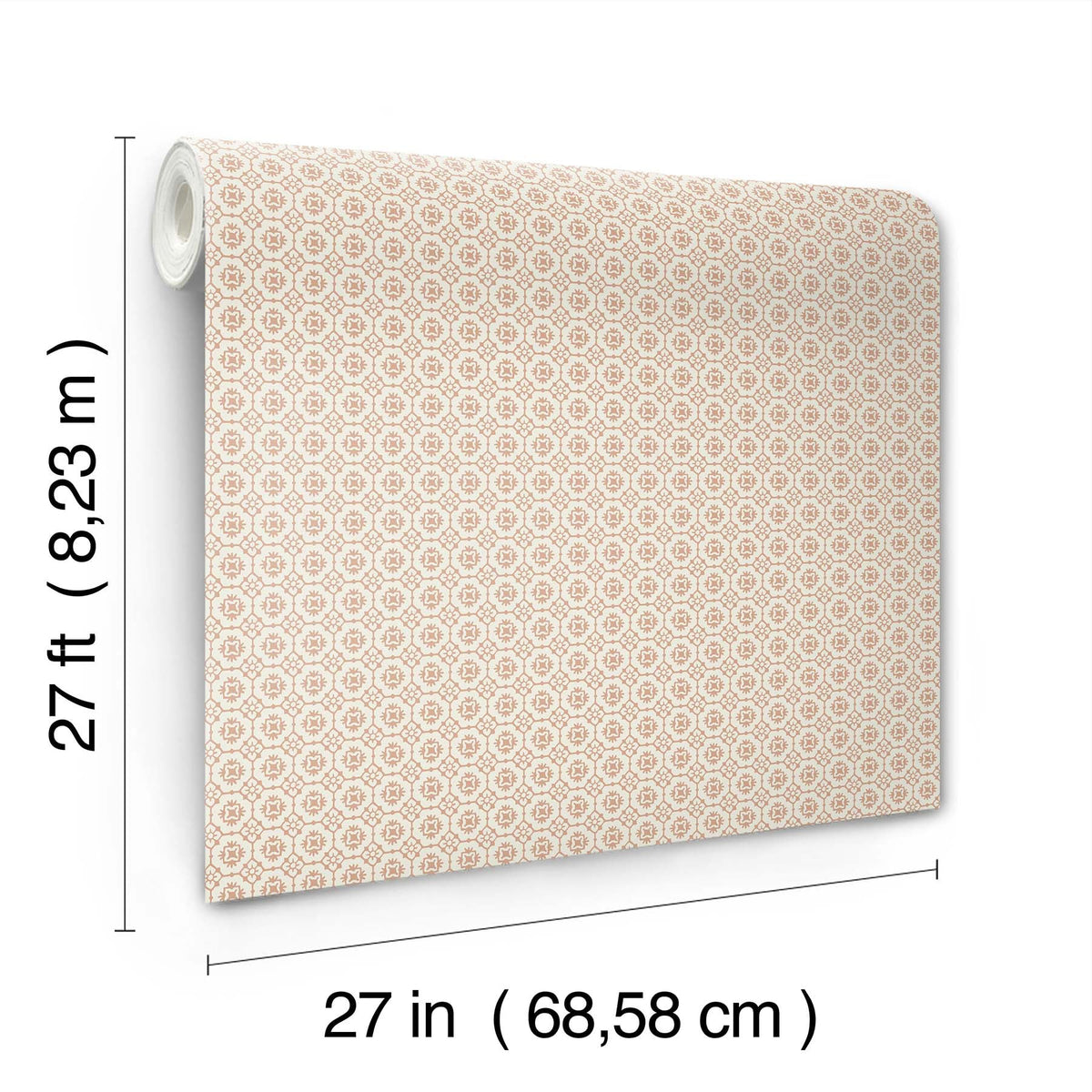 Priti Floral Grid Wallpaper by York Wallcoverings features a small geometric pattern. Each roll measures 27 feet (8.23 m) in length and 27 inches (68.58 cm) in width, with black measurement lines and labels shown for reference.