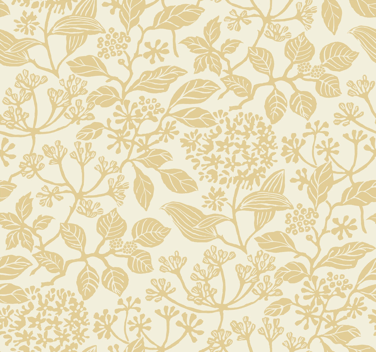 Rowen Botanical Wallpaper by York Wallcoverings features a beige and light tan floral pattern with detailed leaves, flowers, and branches, creating an elegant, seamless botanical design on a light cream background.