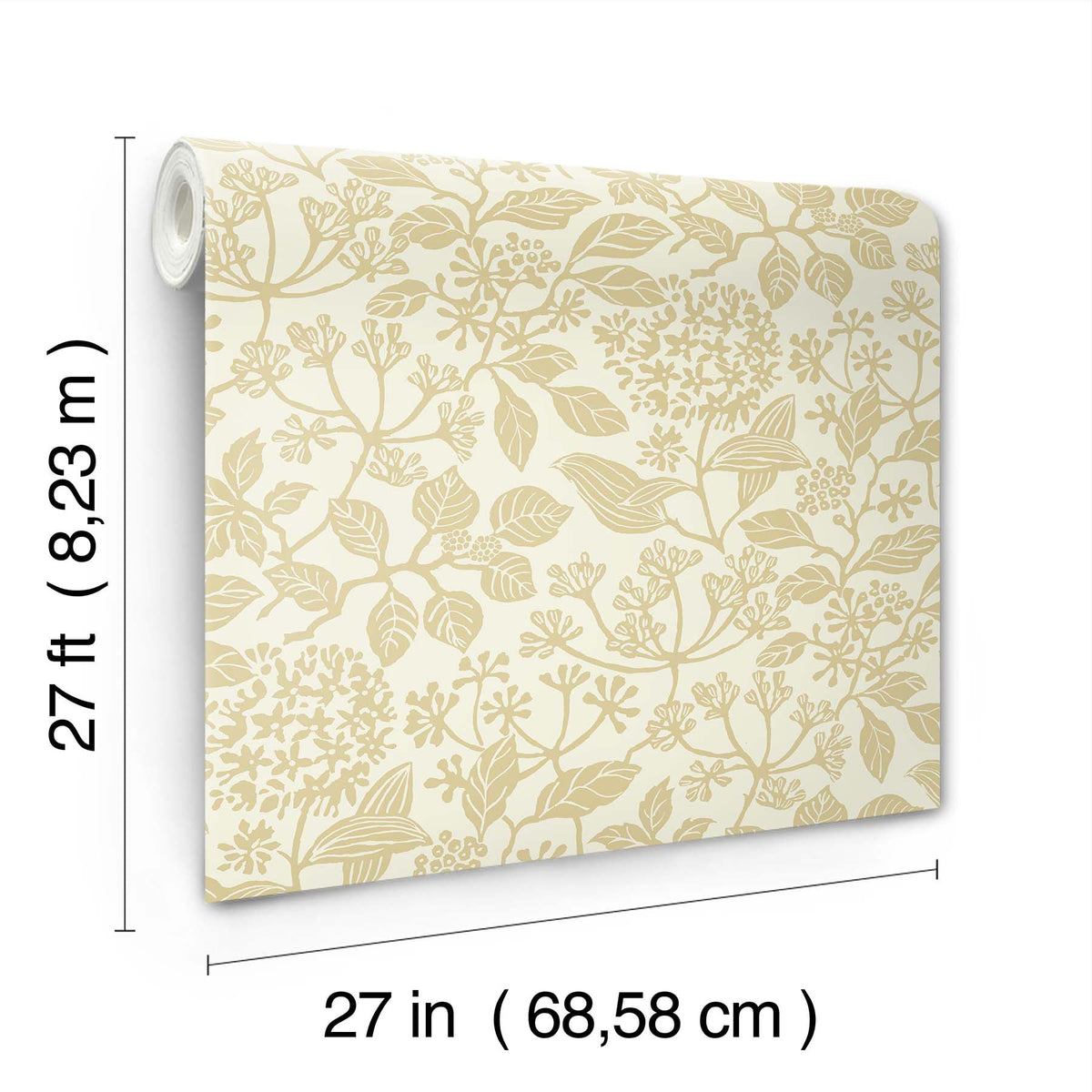 The image displays a roll of Rowen Botanical Wallpaper by York Wallcoverings, featuring a beige floral pattern. The wallpaper measures 27 feet (8.23 meters) in length and 27 inches (68.58 centimeters) in width.