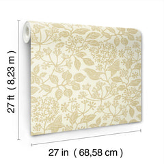 The image displays a roll of Rowen Botanical Wallpaper by York Wallcoverings, featuring a beige floral pattern. The wallpaper measures 27 feet (8.23 meters) in length and 27 inches (68.58 centimeters) in width.