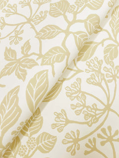 Rowen Botanical Wallpaper by York Wallcoverings features a beige floral pattern with leaves, stems, and small clusters of berries on cream-colored paper, shown here with the paper slightly curled.