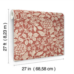 The Rowen Botanical Wallpaper by York Wallcoverings features a cream floral pattern on a terra cotta background and comes in a roll measuring 27 feet (8.23 m) long by 27 inches (68.58 cm) wide.